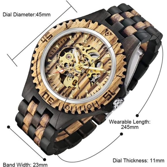 Men's Wooden Watch Skeleton Automatic Movement Wood Watch Self-Winding Watches - Picture 3 of 7